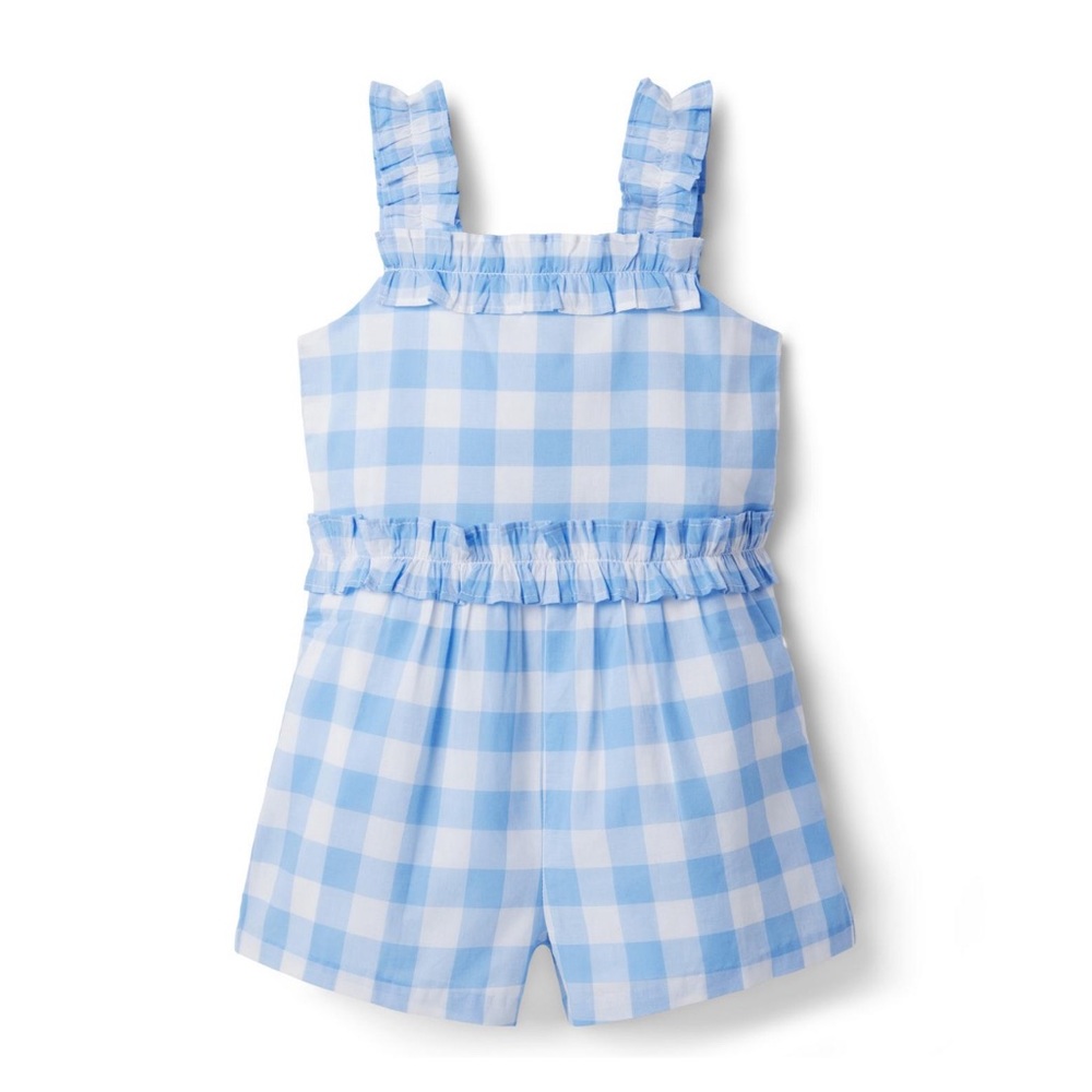Janie & Jack Girls Blue Gingham Romper GUC Size 7